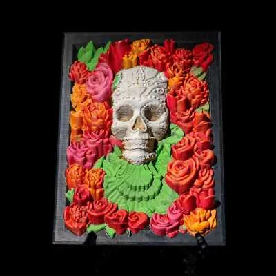 Bed of Roses Skull Scene/Figurine - Wall Art - 3D Printed